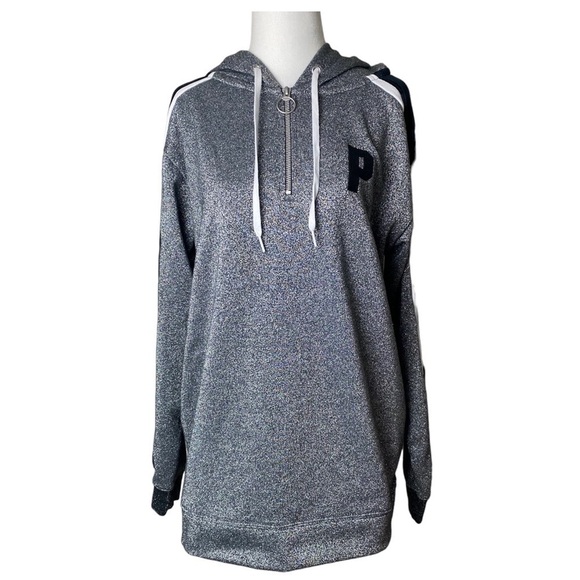 Pink Victorias Secret Sweater Womens Small Silver Sparkle Hooded Pullover - Picture 1 of 10